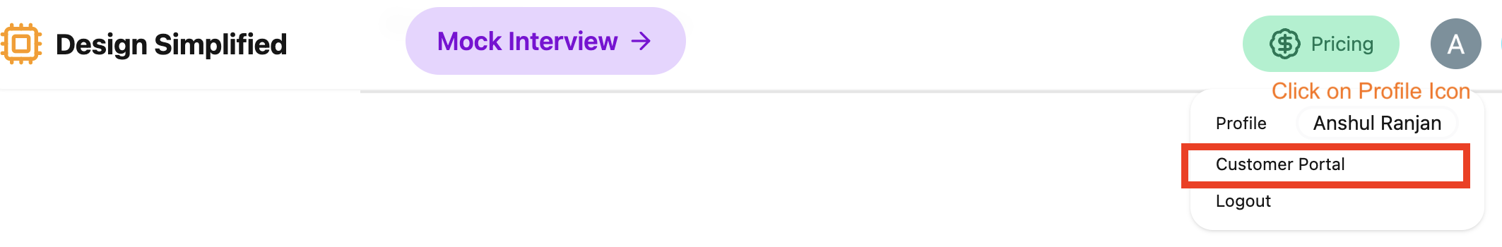 Customer Portal Link under Profile icon on navbar