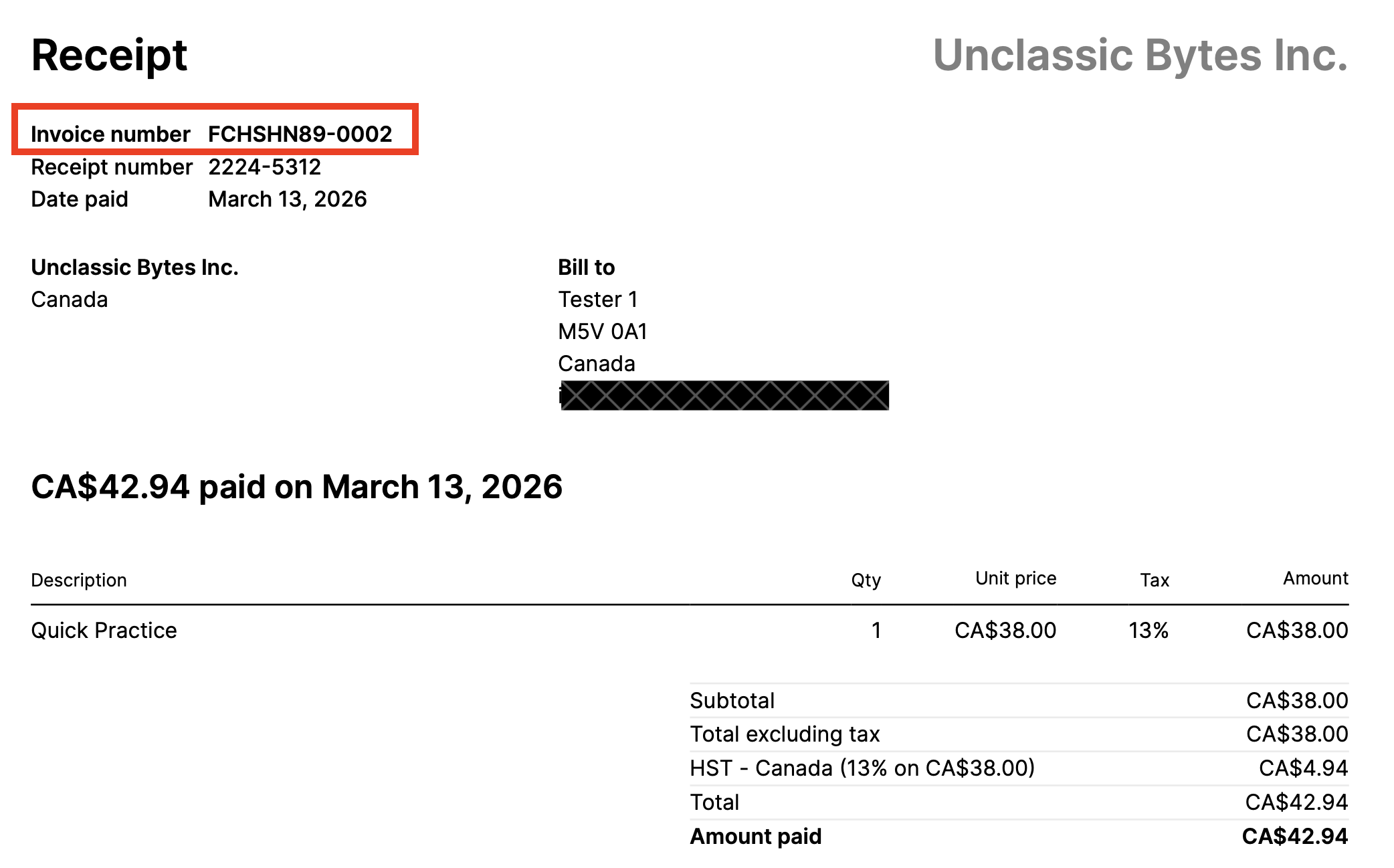 Example Invoice Id on Receipt